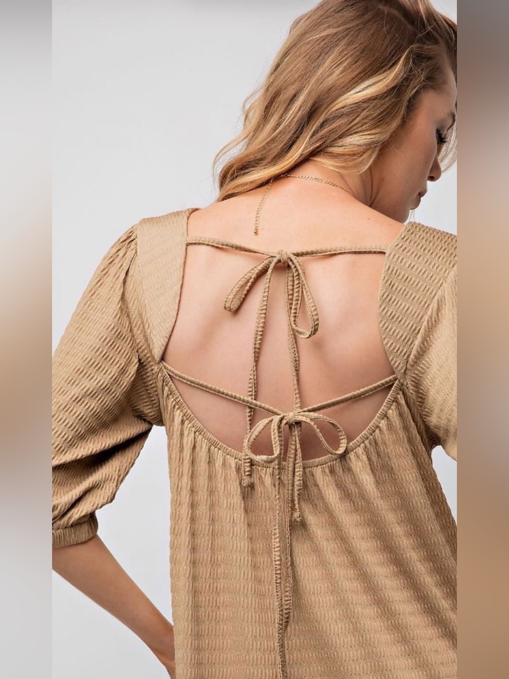 NEW! EASEL Textured Knit Mini Dress in Khaki - Picture 4 of 7